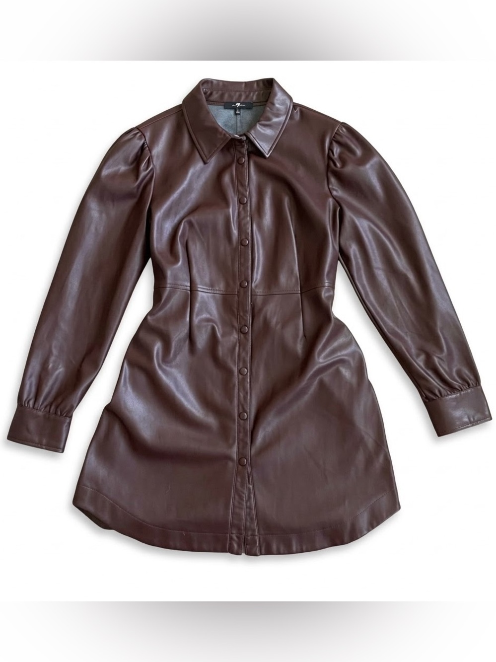 7 For All Mankind Brown Faux Leather Snap Front Puff Sleeve Dress L